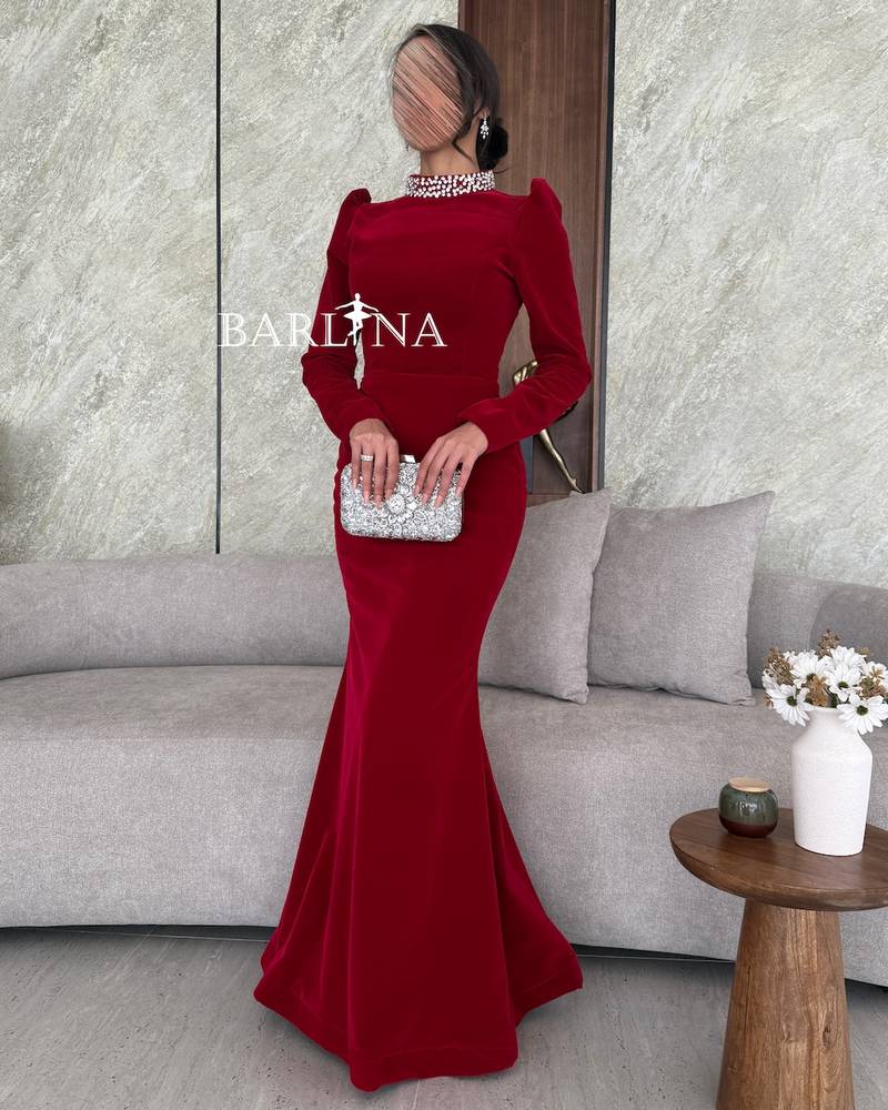Red velvet dress with crystal collar