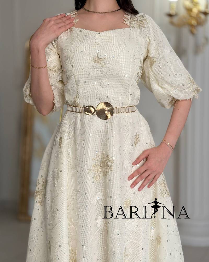 Off-white embroidered midi dress with belt