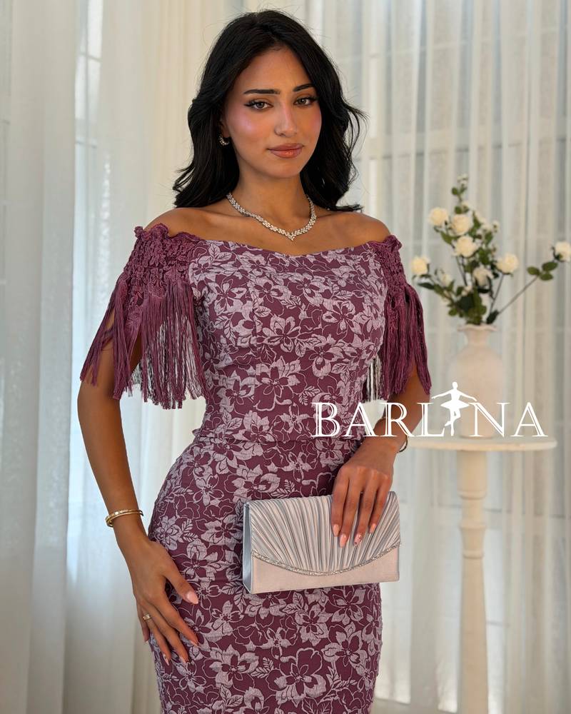 Purple floral mermaid dress with draped sleeves