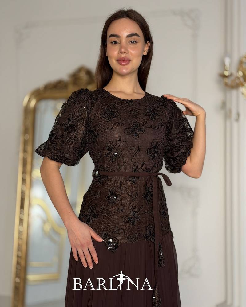 Brown embroidered dress with puffed sleeves and pleated hem