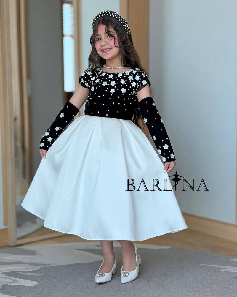 Girls' black and white dress with pearl rose embroidery