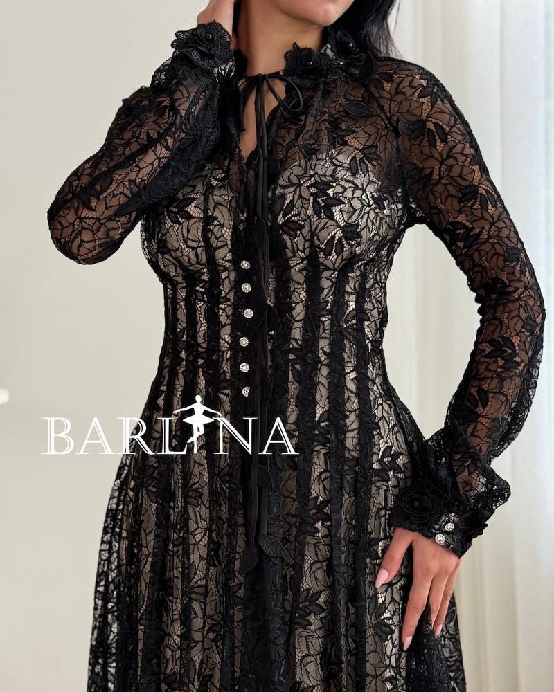 Sheer black lace dress with beige lining