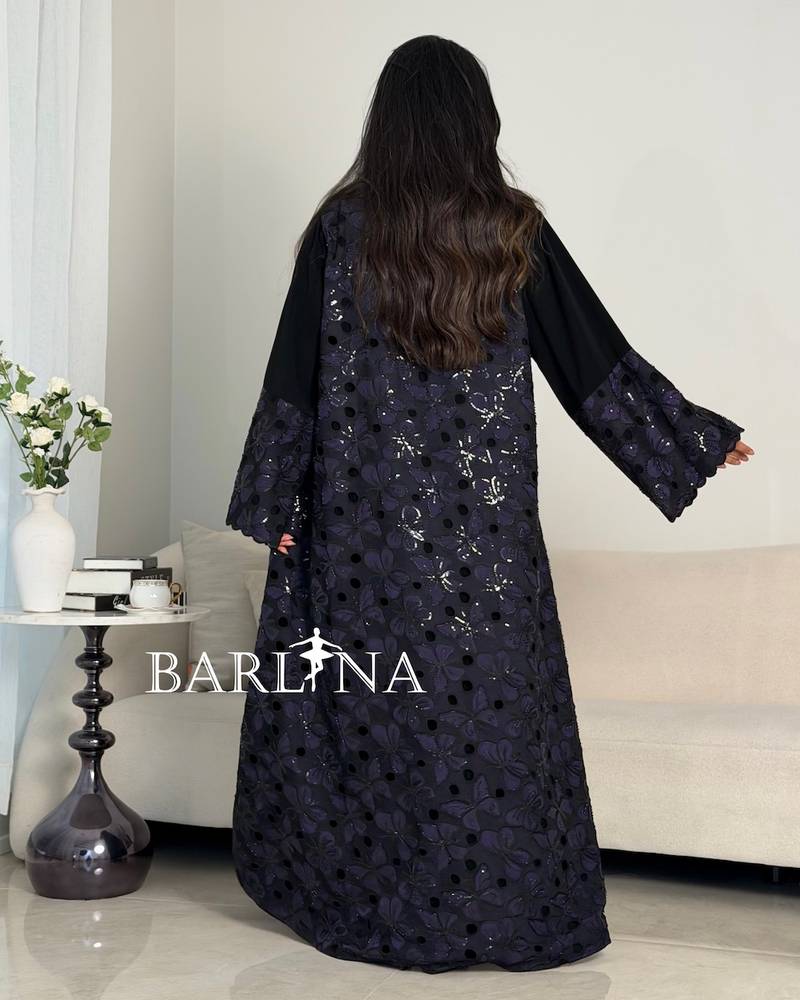 Luxurious black abaya with purple embroidery