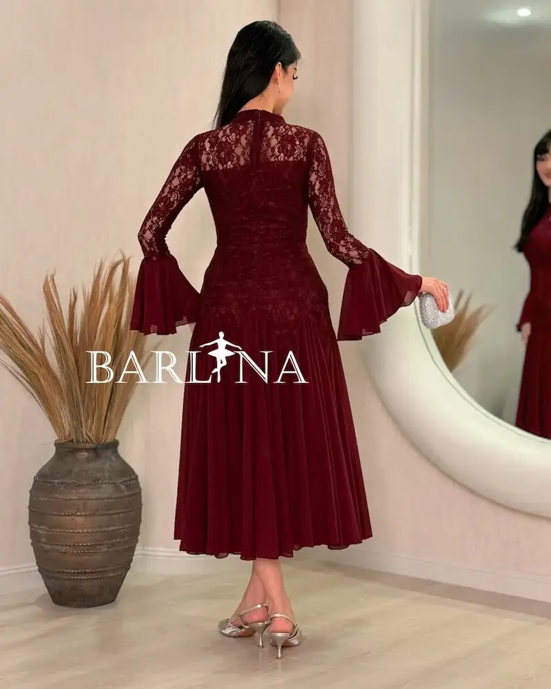 Burgundy lace dress with chiffon trim sleeves