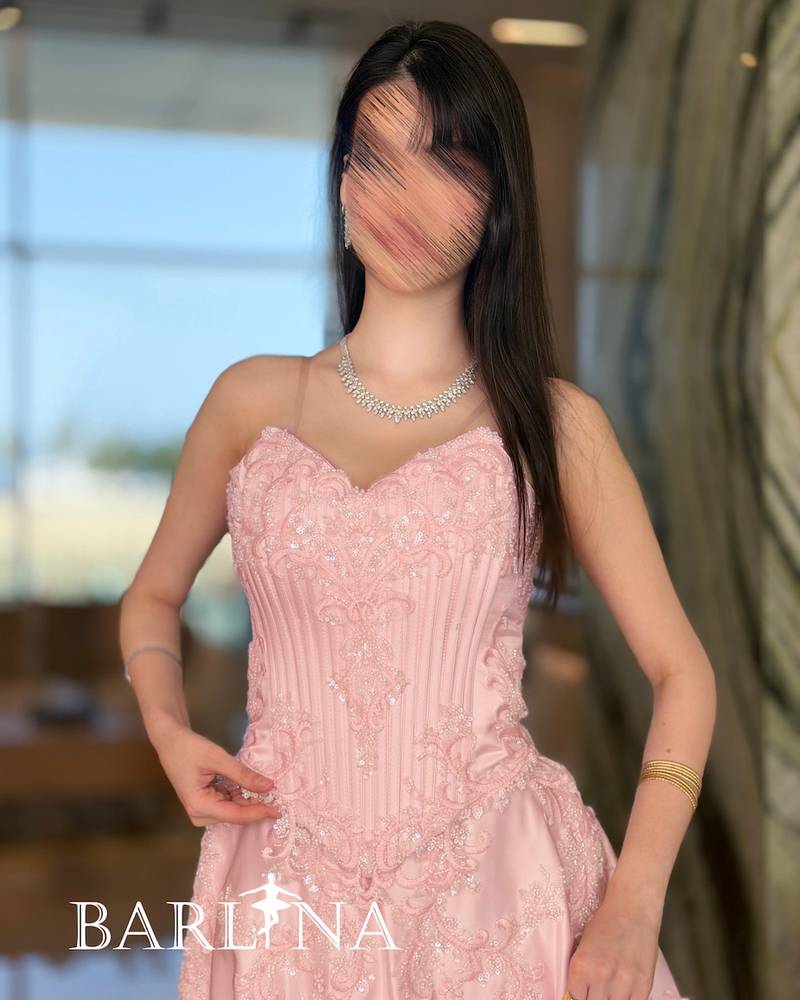 Pink evening set with embroidered corset design