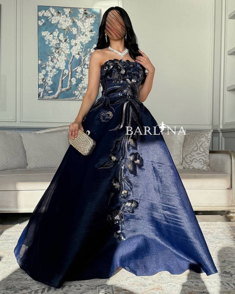 Navy blue open neck evening dress