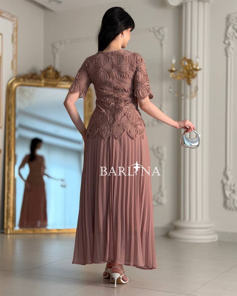 Soft pleated dress with embroidered bodice