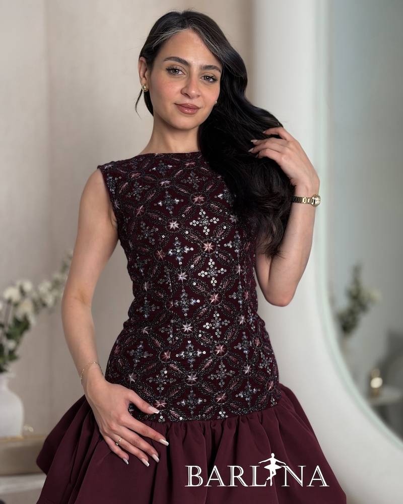 Burgundy embroidered dress with layered skirts