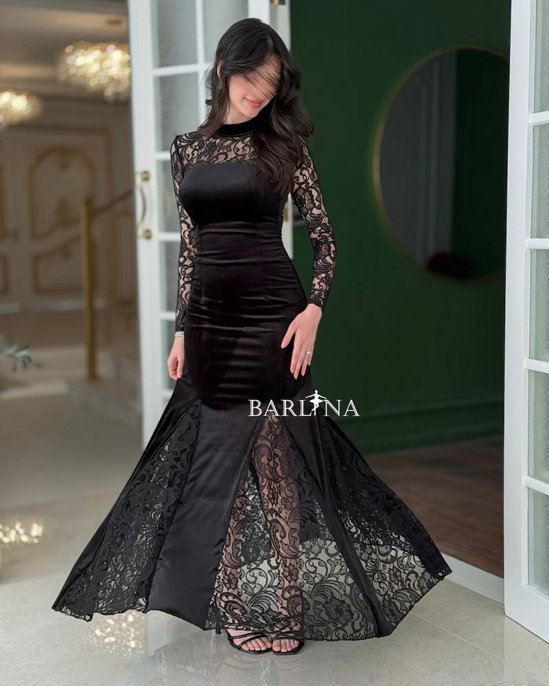 Black velvet dress with sheer lace sleeves