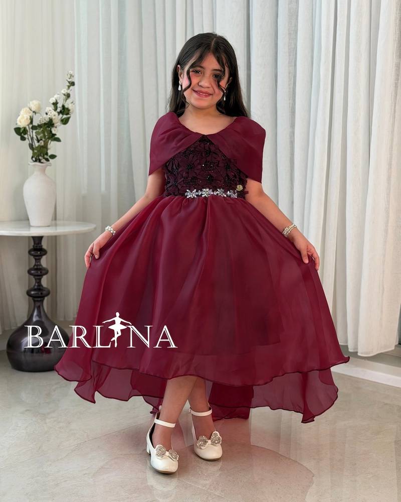 Girls' off-shoulder burgundy evening dress
