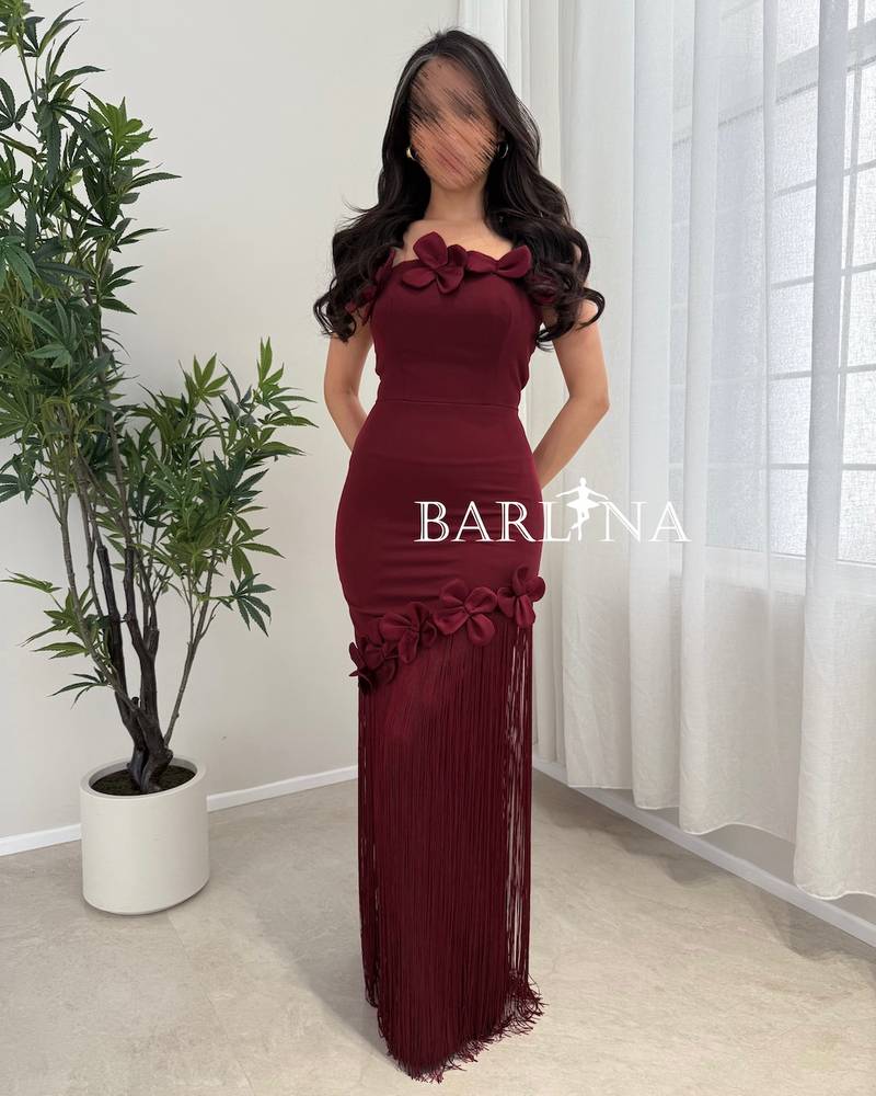 Burgundy dress with roses and fringed ends