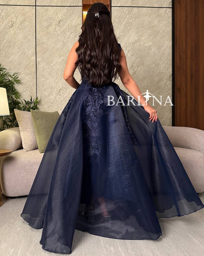 Navy blue dress with a fluffy cut and elegant rose embroidery