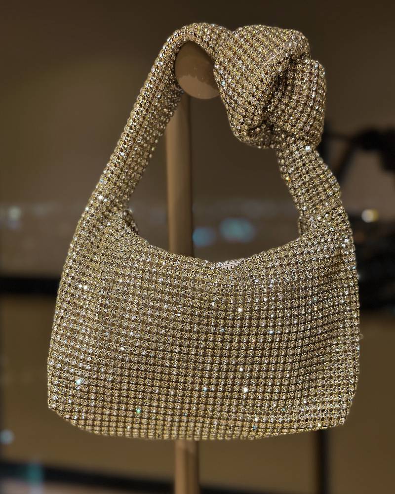Crystal top handle bag with knot