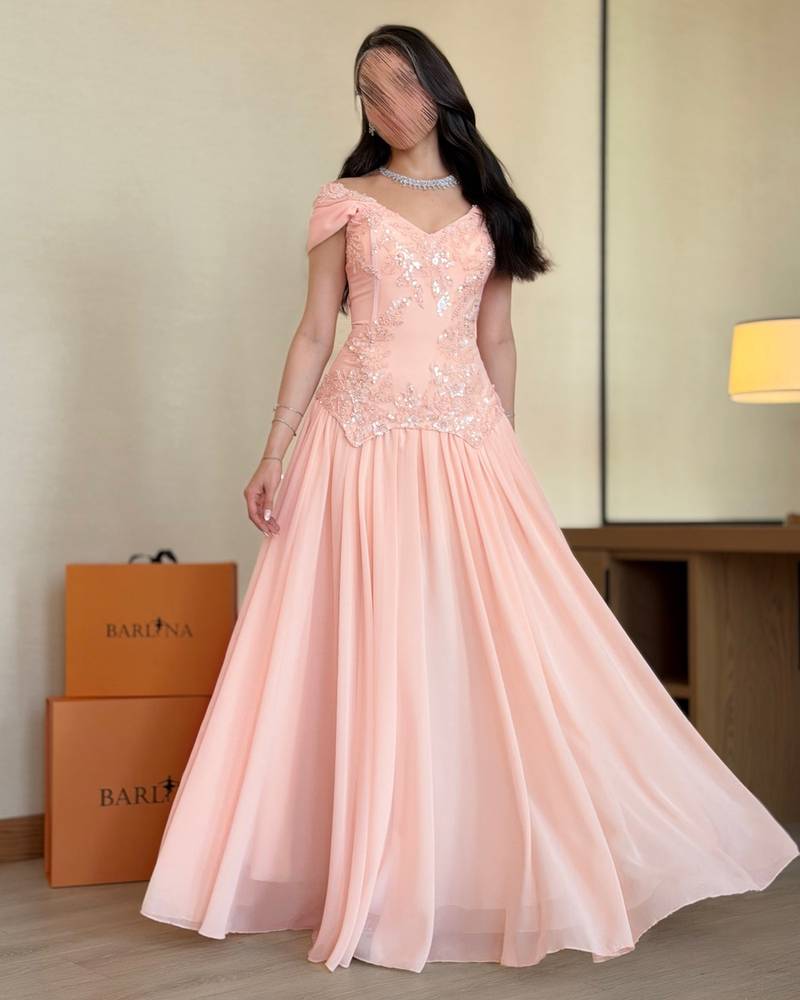flowing pink georgette evening dress