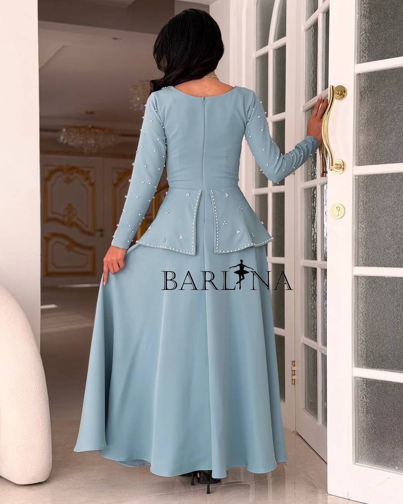 Sky blue V-neck dress embroidered with pearls and crystals