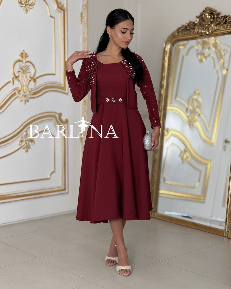 Burgundy dress with matching short jacket