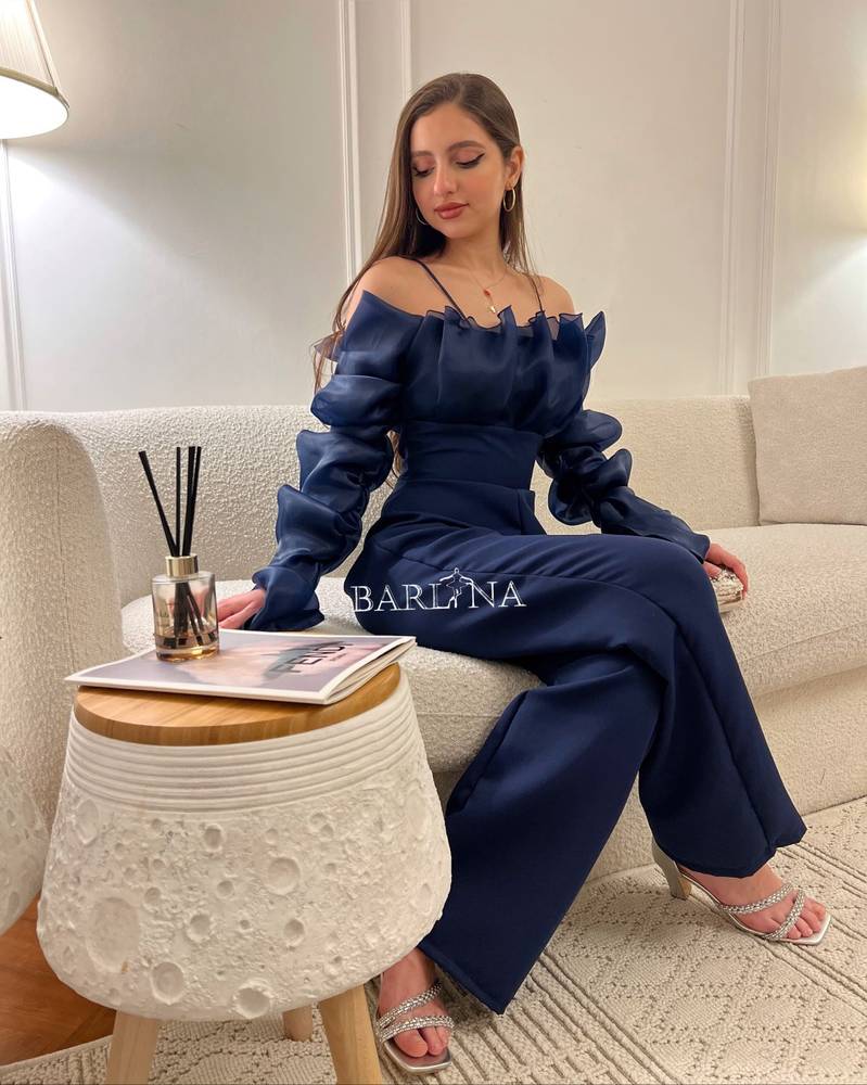 Navy jumpsuit with puffed sleeves