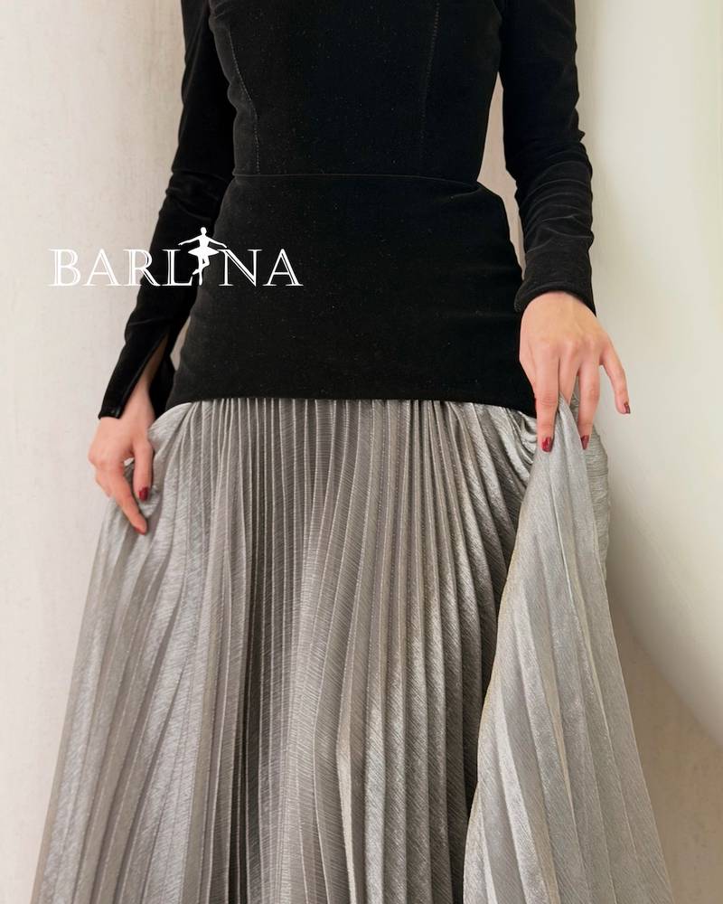 Black velvet dress with long silver pleats
