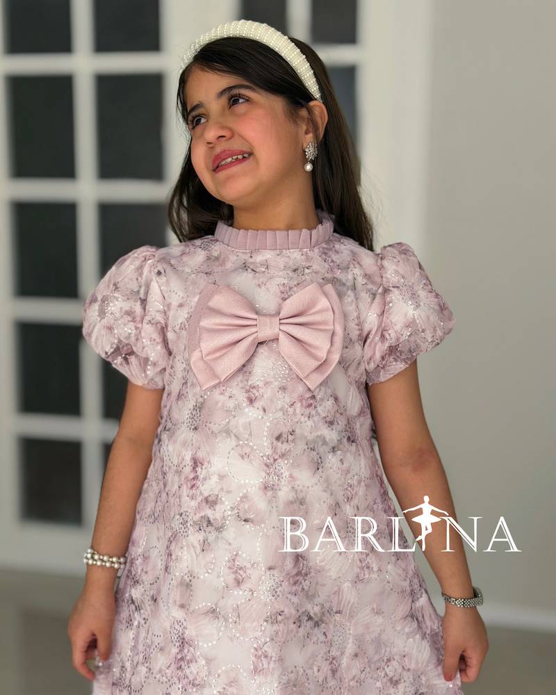 Pink embellished girl's dress with puff sleeves