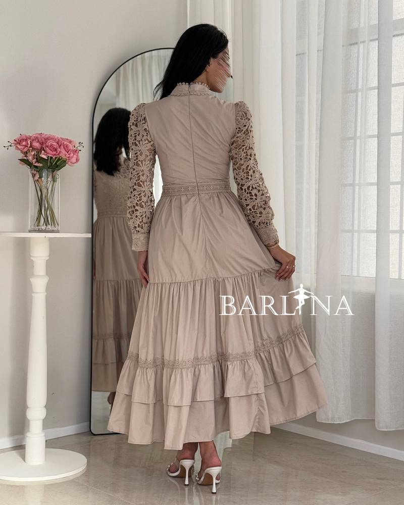 Long beige dress with a lace bodice