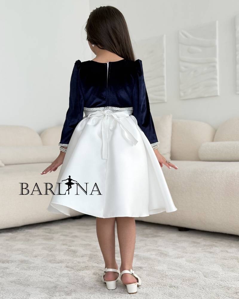 Girls' white dress with a navy velvet top