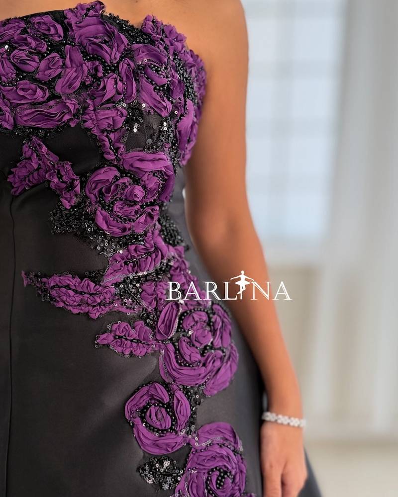 Black evening dress with purple flowers