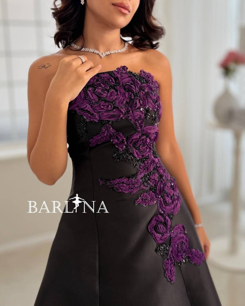 Black evening dress with purple flowers