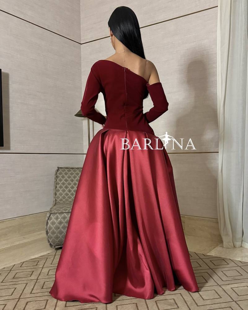 Burgundy velvet puffy evening dress