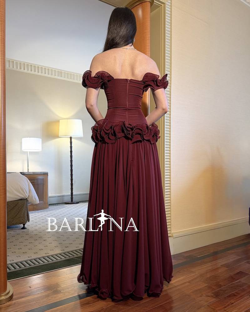 Off-shoulder burgundy dress with delicate floral details