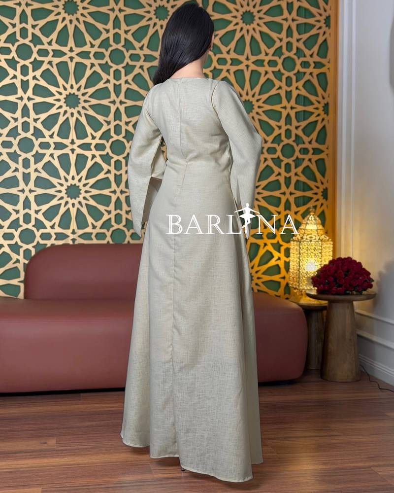 Beige jalabiya with crystals and wide sleeves