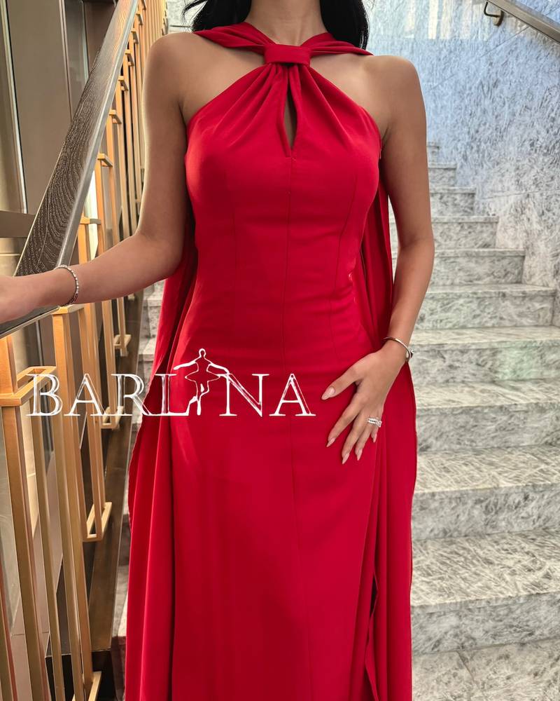 Elegant red maxi dress with long shawl