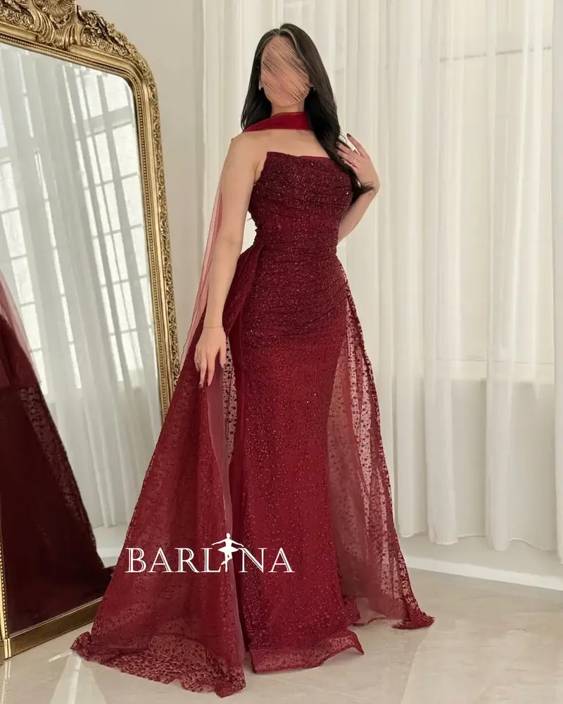 Burgundy embroidered evening dress with an elegant shawl
