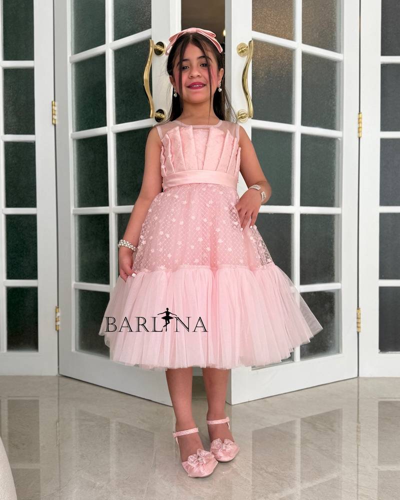 Pink tulle dress for girls with pleats at the chest
