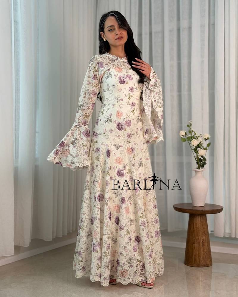 Off-white floral maxi dress with wide sleeves