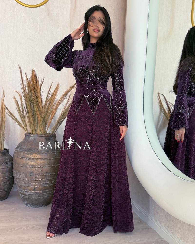 Luxurious purple dress with a high neckline
