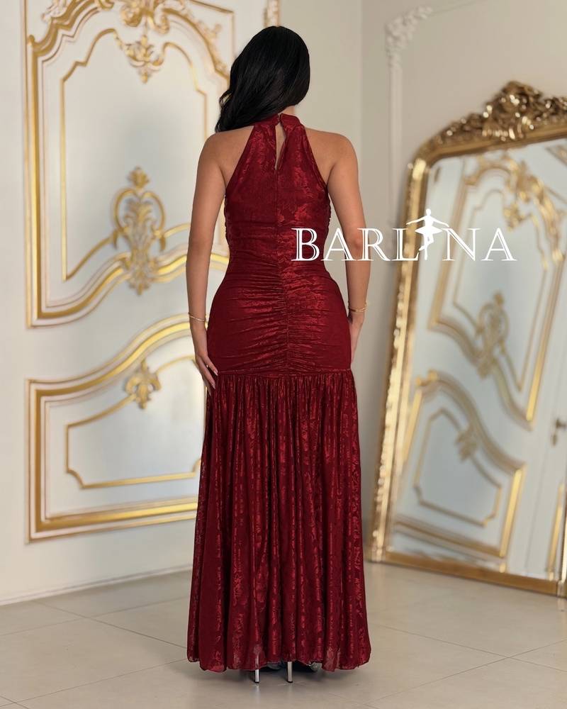 Halter neck evening dress with patterned fabric