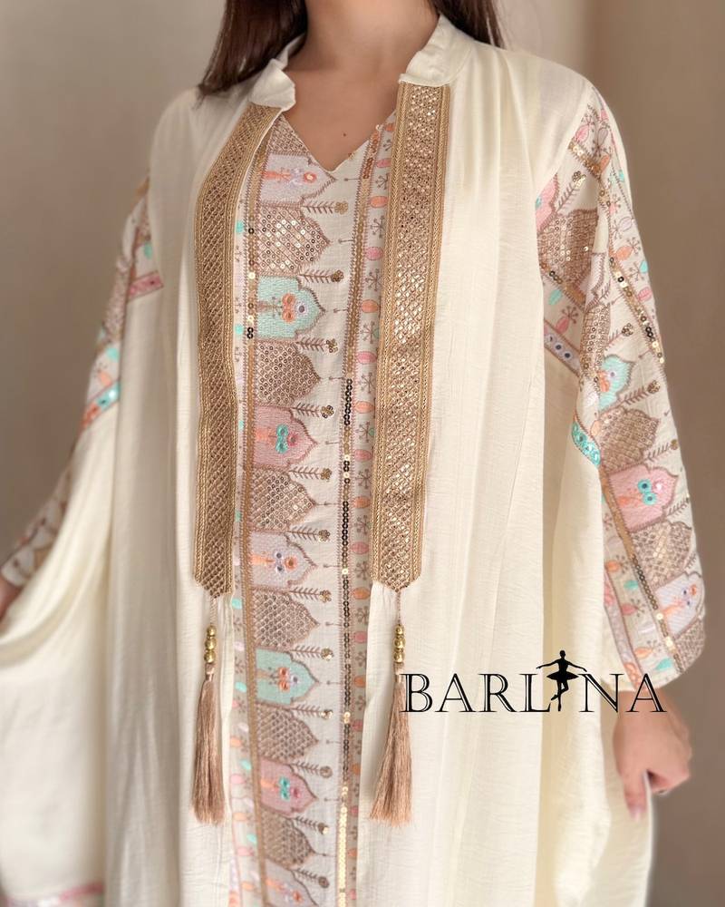 Off-white jalabiya with multicolored embroidery