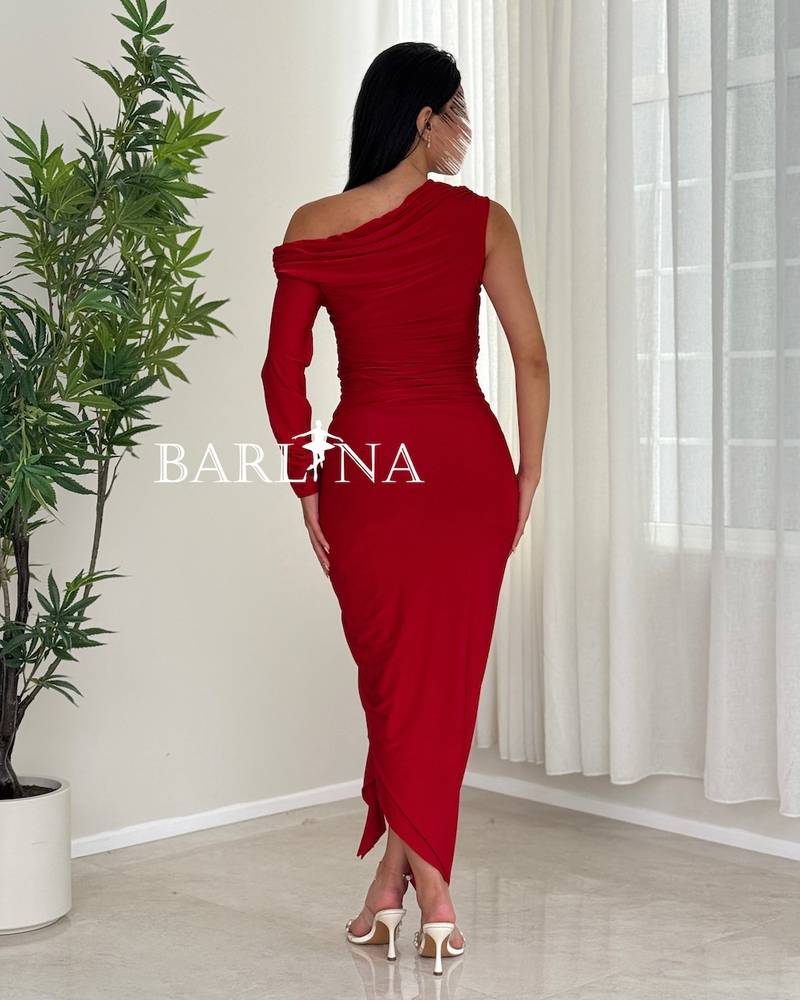 Soft red one-shoulder dress with side draping