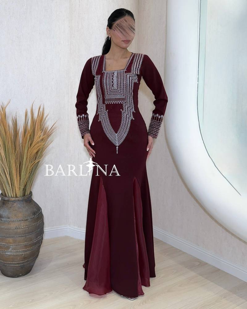 Burgundy jalabiya with silver embroidery and shawl