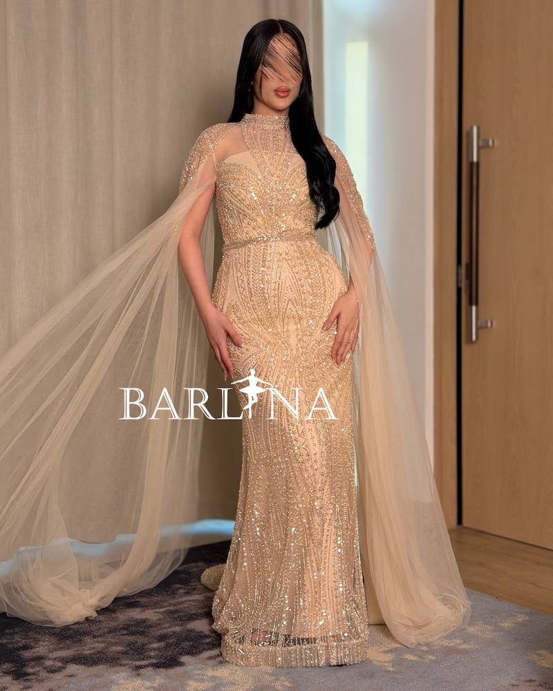 Gold evening dress embroidered with crystals and sequins
