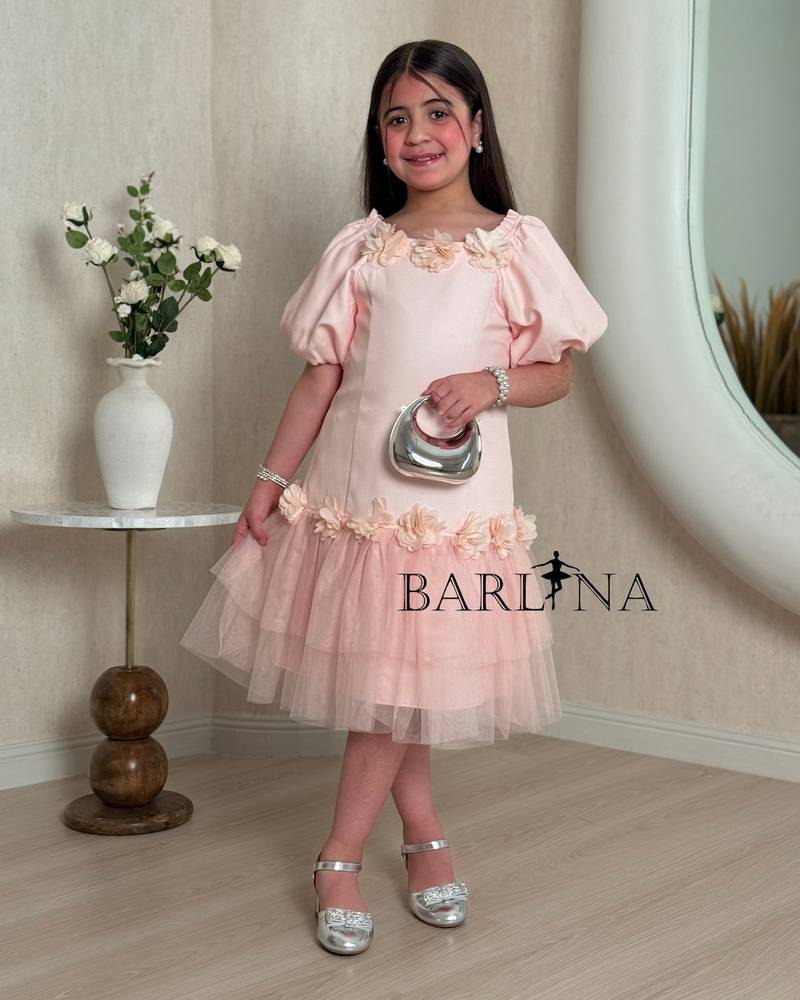 A soft girl's dress with prominent roses at the collar