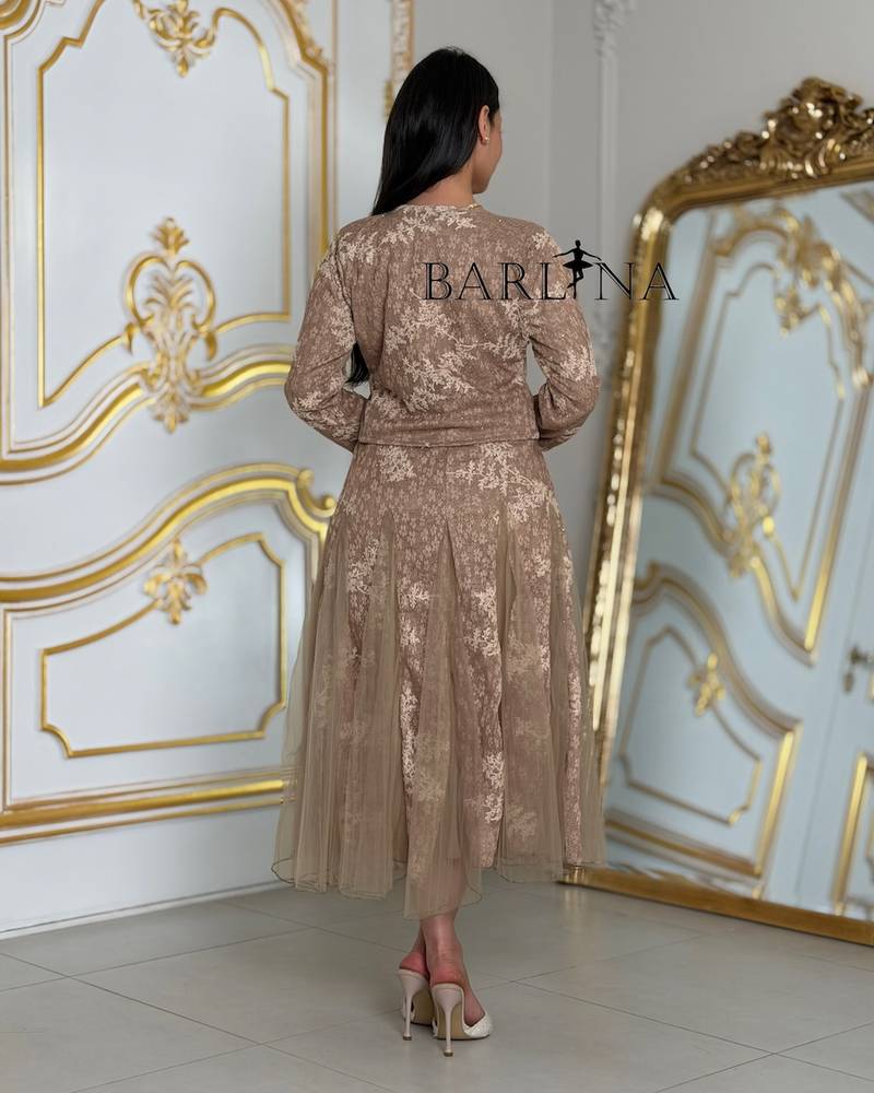 Brown floral dress with a jacket made of lace and tulle