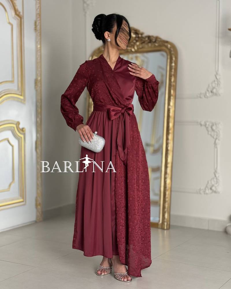 Burgundy wrap dress with side belt and sleeves