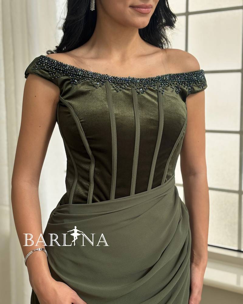 Olive green corset dress with side pleats