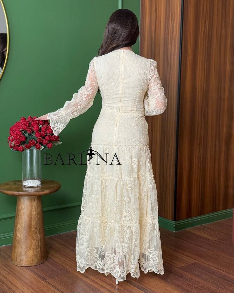 Women's beige lace dress with a V-neck