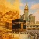 لوحة مرسومة كانفاس تُجسد الكعبة المشرفة في الحرم المكي
