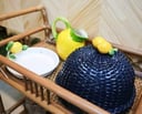 Dark Blue Rattan Cake Holder with Ceramic Sicilian Lemon Adornment