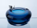  Luxury INK/Dark Blue Murano Crystal Big Ashtray with Decorative Snail Silver Plated