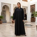 عباية سوداء نص كلوش بقماش كتان مقلم