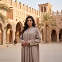 عباية بيج نص كلوش بقماش ناعم مقلم